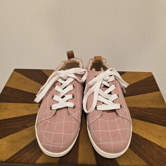 Spenco Canvas Sneakers Womens 7 D Slip On Orthotic Shoes Windowpane Pink Spring - Picture 3 of 13